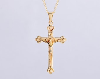 14K 18K Solid Gold Jesus Crucifix Necklace, Dainty Cross Pendant, Custom Engraved Name, Christian Necklace, Gold Belief Jewelry, Holy Bible