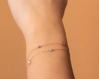 14k Gold Letter and Birthstone Bracelet, Dainty Double Row Chain, Multiple Letters Cz Bracelet is a Great Gift For Her. Bridesmaid Gift