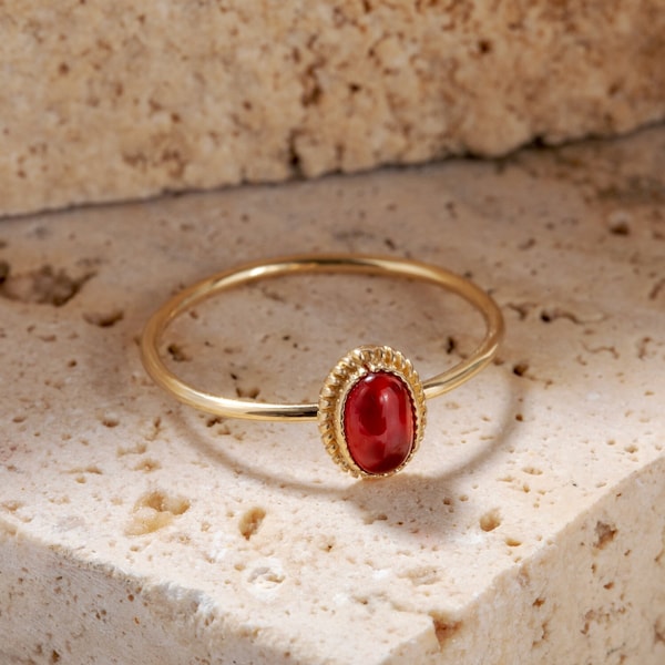 Genuine Oval Red Agate Ring 14K Solid Gold, Elegant Gemstone Agate Ring, Real Gold Solitaire Agate Ring, Luxury Anniversary Gift For Her