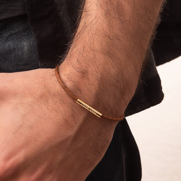 14K 18K Solid Gold Tube gevlochten lederen armband, aangepaste graveren mens Bangle manchet sieraden klassieke gouden buis armband cadeau voor hem, voor papa