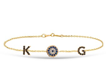 14k Gold Eye Personalized 1 or 2 Letters Bracelet, Blue Eye Custom Letters Gold Chain Bracelet, Dainty Initial & Evil Eye Gold Bracelet.