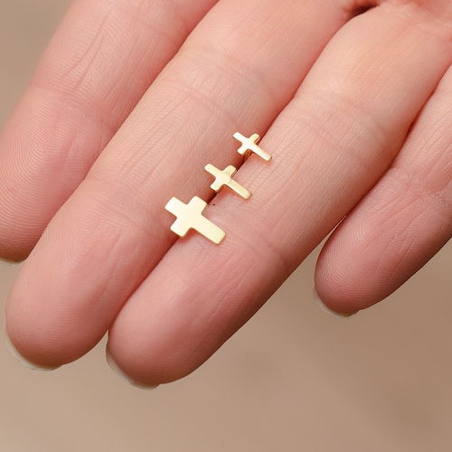 14K Solid Gold Cross Stud Earring Etsy