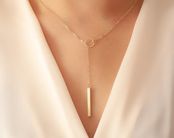 14K Gold Adjustable Lariat 4 Side Bar Necklace, Karma Vertical Drop Custom Engrave Bar Necklace, Personalize Name Date Long Bar Y Necklace