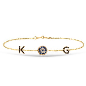 14k Gold Eye Personalisiertes 1 oder 2 Buchstaben Armband, Blaues Auge Benutzerdefinierte Buchstaben Goldkettenarmband, Zierliche Initiale & Evil Eye Goldarmband.