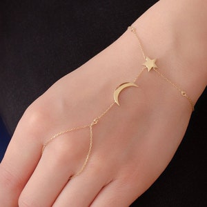 14k Gold Crescent Moon and Star Sahmaran Bracelet, Dainty Slave Bracelet is a Great Gift For Her. Christmas Gift image 2