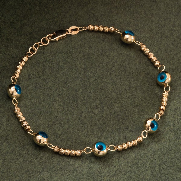 14k Real Gold Evil Eye Bead Ball Bracelet, Evil Eye Ball Chain Solid Gold Bracelet, Turkish Eye Grek Eye Gold Station Bracelet Gift For Her