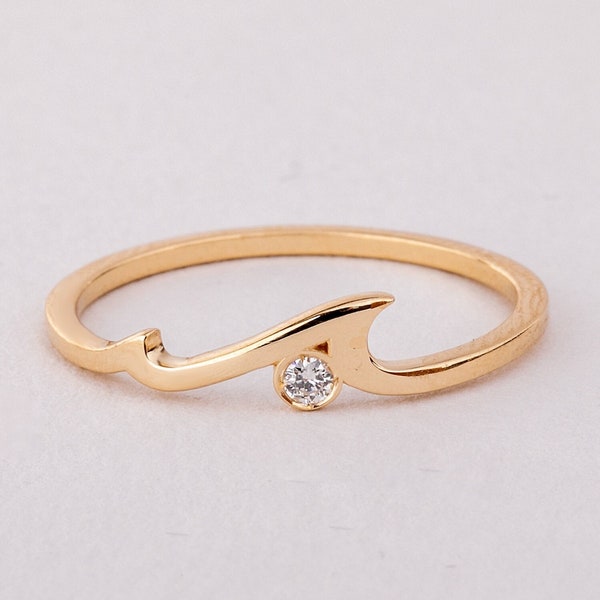 14K 18K Solid Gold Ocean Wave Ring, Dainty Diamond Cz Wave Minimalist Ring, Stylish Everyday Nalu Ring, Surf Ring Beach Stack Ring For Her
