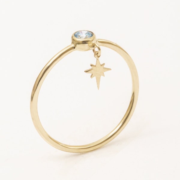 Personnalisé Tiny Dangle North Star Charm Birthstone Ring 14K 18K Solid Gold Rose White Custom Birthstone Dainty Minimalist Stacking Ring
