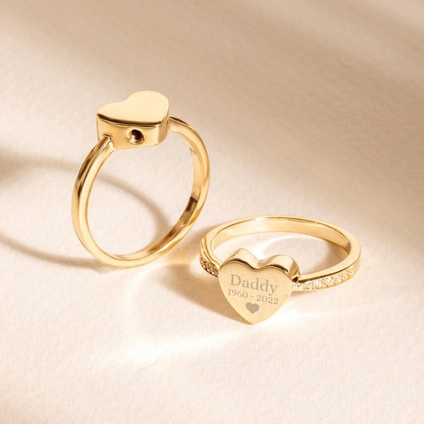 Custom Engrave Memorial Heart Urn Ring, Heart Shaped Mourning Ring, 14K 18K Solid Gold Ash Holder Heart Ring, CZ & Diamond Heart Urn Jewelry