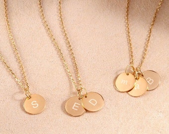 14K Solid Gold Minimal Initial Disk Necklace, Personalized Dainty lowercase or uppercase letter Pendant, Mothers Letter Disc Charm Necklace.