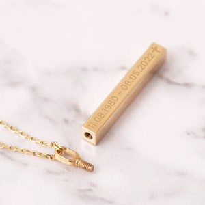 14K Gold Urn Vertical 3cm Bar Necklace, 4 Side Custom Engrave Memorial Gold Bar Necklace, Personalize Name Date Numeral Cable Chain Necklace