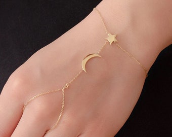 Pulsera Sahmaran con luna creciente y estrella de oro de 14 quilates, la delicada pulsera esclava es un gran regalo para ella. Regalo de Navidad