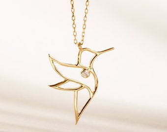 Diamond Hummingbird Pendant Necklace, 14k 18k Solid Gold Dainty Hummingbird Necklace, Tweety Bird Jewelry, Bird Lover Necklace Gift For Her