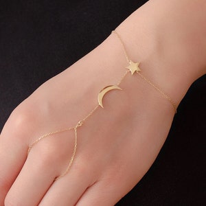 14k Gold Crescent Moon and Star Sahmaran Bracelet, Dainty Slave Bracelet is a Great Gift For Her. Christmas Gift