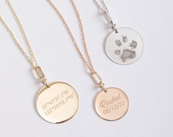 14K 18K Real Gold Rotating Disc Necklace, 360 Rotatable Disc Pendant Necklace, Custom Engraved Date Name Paw Coordinate Handwriting Pendant