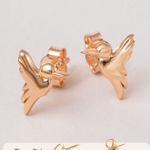 14K 18K Solid Gold Dainty Hummingbird Stud Earrings, Minimalist Gold Tiny Hummingbird Studs, Kids Earrings Posts Gift For Her Gift For Mom