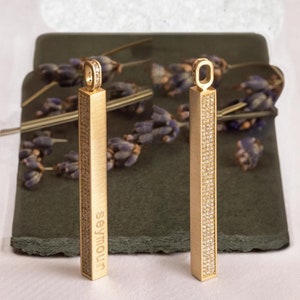 Micro Pave Diamond 14K 18K Gold Vertical Cremation Urn Pendant, Name Date Coordinate Custom Engraved Memorial Bar Pendant Necklace for Ashes