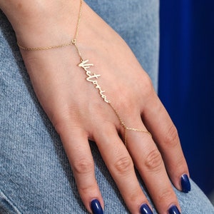 Custom Name Hand Chain Bracelet, Personalized Gift for Women, 14K 18K Real Solid Any Name Bracelet, Sahmeran Bracelet, Custom Word Bracelet