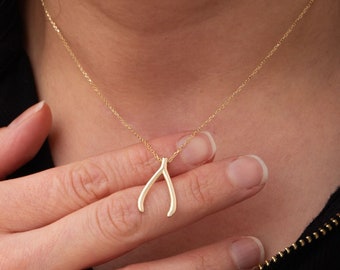 Collar colgante Dainty Wishbone: oro de 14 k o 18 k, colgante de encanto pequeño hecho a mano para la suerte diaria, regalo único para ella