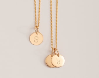 22K Solid Gold Minimal Initial Disk Necklace, Personalized Dainty lowercase or uppercase letter Pendant, Mothers Letter Disc Charm Necklace.