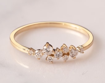 Diamond Cluster Ring in 14K 18K Gold, Solid Gold Diamond Stackable Ring, Handmade Dainty Diamond Wedding Ring Gift For Christmas