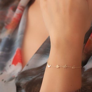14k 18k Gold Crescent Moon and Star Gold Bracelet, Elegant Solid Gold Moon Star Bracelet is a Great Gift For Her. Moon and 3 Star Bracelet.