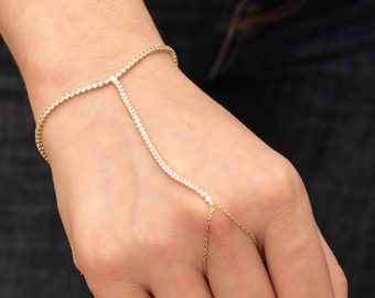 14K Solid Gold Tennis Handlet Bracelet, Cz Tennis Hand Bracelet Chain Ring, 14K Solid Gold Body Jewelry, Bridesmaid Gift Unique Gift for Her