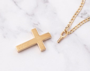 14K Personalized Men's Cross Cremation Urn Bar Necklace With Cuban Gourmet Chain, Two Side Memorial Bar Necklace Gift For Men Boyfriend Gift
