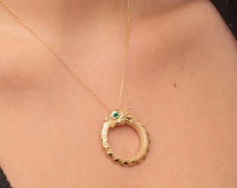 14K Real Gold Dragon Necklace, Circle Dragon Symbol of Mythical Jewelry, Gold Hollow Dragon Pendant, Wealth Talisman Necklace, Gift for Her