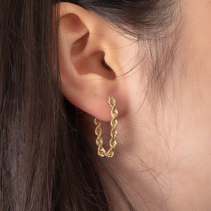 14k Yellow Gold Rope Chain Earrings, Solid Gold Dangle Rope Chain Earrings, Modern Rope Chain Hoop Drop Women Earrings Mothers Gift For Her