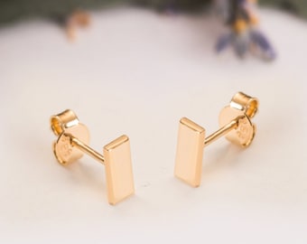 14K 18K Solid Gold Rectangle Tiny Stud Earrings, Minimalist Dainty Rectangle Earrings, Geometric Mini Bar Earrings Post, Screw Back Earrings