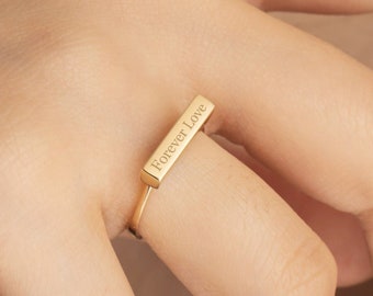 Custom Name Date Engraved Cremation Urn Bar Ring in 14K or 18K Solid Gold 3D Bar Ashes Holder Ring, Loss of Loved Ones Memorial Ring for Her