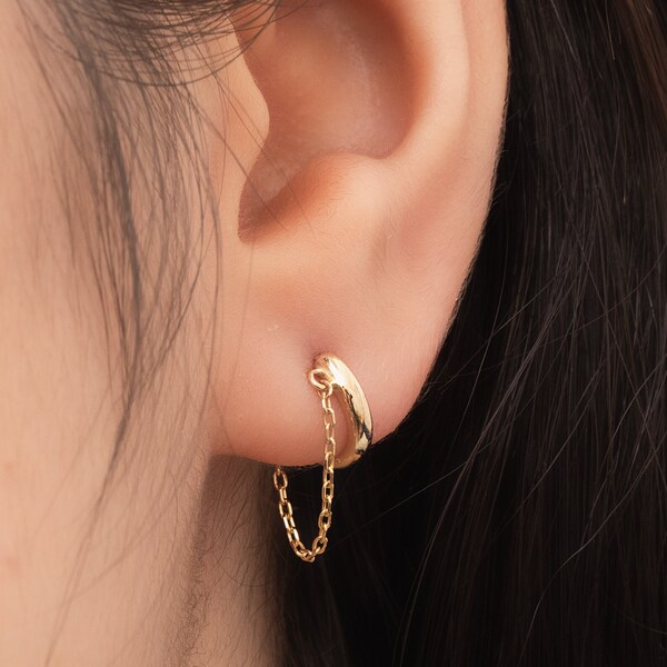 Single Small Chain Hoop Earring in 14k 18k Solid Gold Rose White Minimalist Huggie Hoop Earring Simple Everyday Earring Lobe Helix for Her