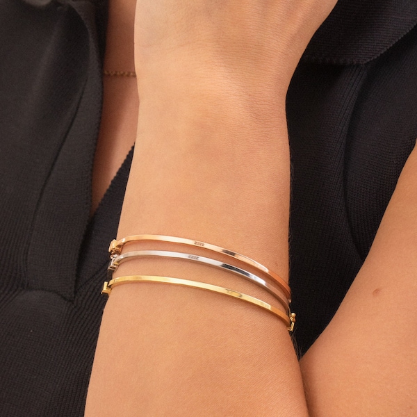 14K Solid Gold Dainty Hinged Bracelet, Plain Gold Bangle Bracelet, Hinged 2 mm Wide Bangle, Simple Stacking Gold Cuff, Thin Gold Bracelet