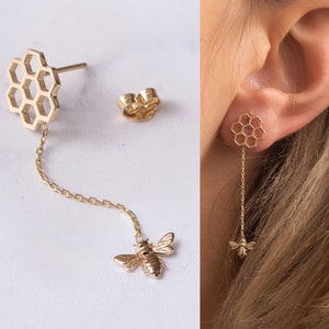 14K 18K Solid Gold Honeycomb and Bee Earrings, Real Gold Buzzing Bees Stud Earrings, Honeycomb With Dangle Drop Bee Earrings Gift For Her