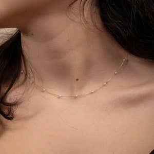 2.8mm Real Freshwater White Pearl Necklace, 14k 18k Solid Gold Dainty Pearl Station Necklace, 2.8mm Pearl Beaded Necklace Bridesmaid Gift