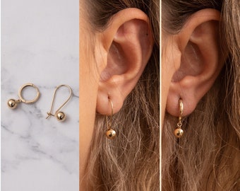 14K 18K 6mm Ball Earring, Hanging Ball Earring, Dangle Drop Ball Earring, Hoop Ball Earring, Round Sphere Ball Earrings