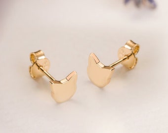 14K 18K Solid Gold Cat Head Tiny Stud Earrings, Minimalist Dainty Stud Cat Earrings, Cat Owner Gift Studs, Screw back or Push back Earrings