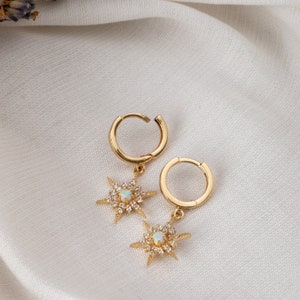 14K 18K Solid Gold Hoop Big Opal North Star Earrings, Dangling Opal Star Earrings, Dainty Winter Jewelry, Cute Gift For Her