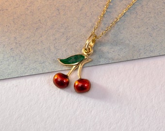 14K Solid Gold Cherry Necklace, Dainty Red Cherries Pendant, Cute Minimalist Fruit Necklace, Tiny Summer Jewelry, Gift For Her