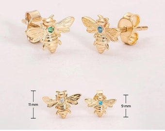 14k 18K Solid Gold Custom Birthstone Bee Studs Earrings, Cute Honeybee Earrings, Tiny Personalized Everyday Jewelry, Christmas Gift For Her