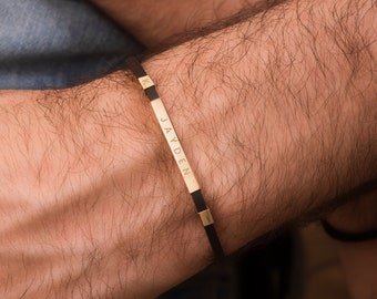 14K 18K Real Gold Personalized Bar Bracelet, Custom Engrave Men&#39;s Rubber Bangle Cuff Jewelry, 4 Side Name Engrave Bar Bracelet Gift For Dad