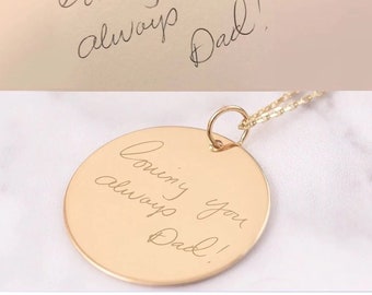 Engraved Actual Handwriting Pendant Necklace in 14k Solid Gold, Memorial Signature Disk, Personalized Own Handwritten Disc Pendant Loss Gift