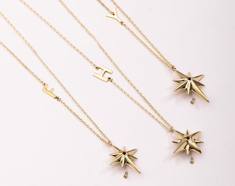 Sideways Initial Starburst Cremation Urn Pendant Necklace 14K 18K SOLID Gold, Personalized Letter North Star Memorial Ashes Holder Necklace