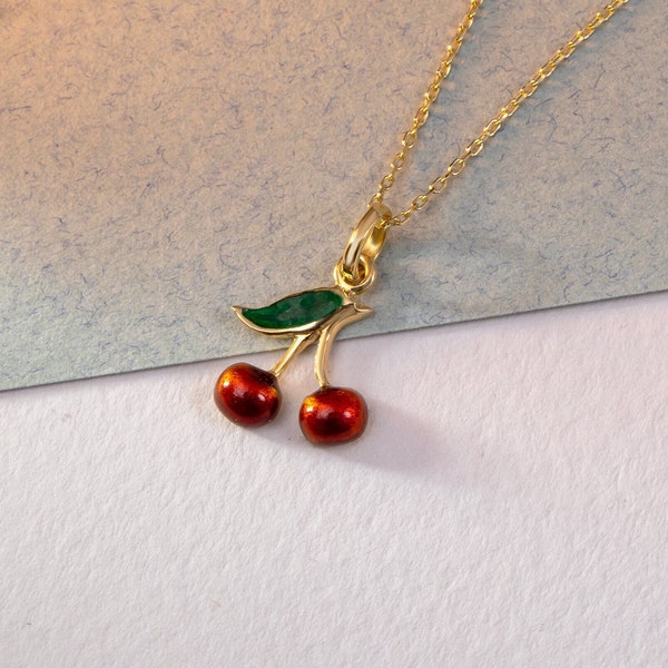 14K Solid Gold Cherry Necklace, Dainty Red Cherries Pendant, Cute Minimalist Fruit Necklace, Tiny Summer Jewelry, Gift For Her