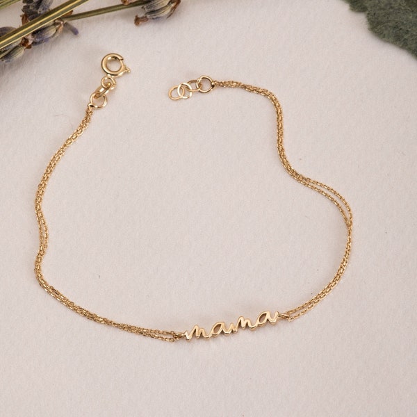 14k 18k Real Solid Gold Script Mama Bracelet, Solid Plain Gold Minimalist Mama Bracelet, Double Row Chain Dainty Gold Bracelet Gift for Mom