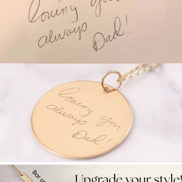 Engraved Actual Handwriting Pendant Necklace in 14k Solid Gold, Memorial Signature Disk, Personalized Own Handwritten Disc Pendant Loss Gift