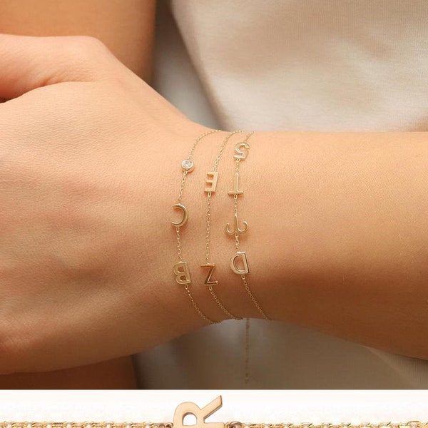 14k Solid Gold Custom Letter Bracelet, Gold Sideways Initial Bracelet, Personalized Letter Gold Bracelet Great Mother’s Day Gift for Her.