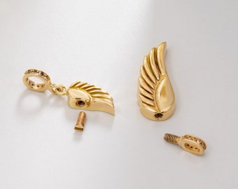 Angel Wing Ashes Urn 14k 18k Solid Gold Pendant Necklace, Personalize Remembrance Cremation Angel Wing Gold Charm For Necklace or Bracelet