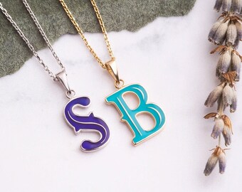 14K 18K Solid Gold Custom Enamel Initial Letter Necklace, Multicolor Enamel Letter Pendant, Elegant Name Initial Charm, Cute Gift For Her